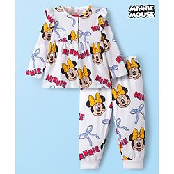 Babyhug Disney Single Jersey Knit Full Sleeves Co-ord Night Suit With Minnie Mouse Print - White