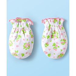 Babyhug 100% Cotton Mittens & Booties With Floral Print - White