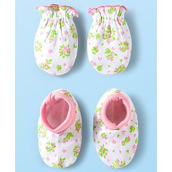 Babyhug 100% Cotton Mittens & Booties With Floral Print - White