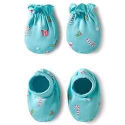 Babyhug 100% Cotton Mittens & Booties With Floral Print - Light Blue