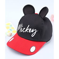 Babyhug Disney Cotton Woven Summer Cap with Mickey Mouse Graphic & 3D Ear Black - Diameter 17 cm