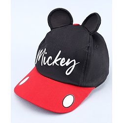 Babyhug Disney Cotton Woven Summer Cap with Mickey Mouse Graphic & 3D Ear Black - Diameter 17 cm