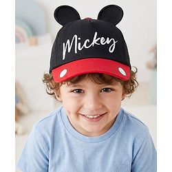 Babyhug Disney Cotton Woven Summer Cap with Mickey Mouse Graphic & 3D Ear Black - Diameter 16.5 cm