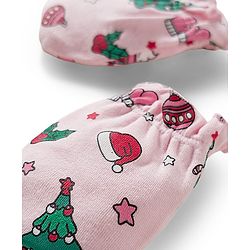 Babyhug 100% Cotton Mittens & Booties With Christmas Print - Pink