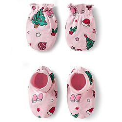 Babyhug 100% Cotton Mittens & Booties With Christmas Print - Pink