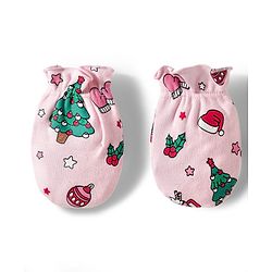 Babyhug 100% Cotton Mittens & Booties With Christmas Print - Pink