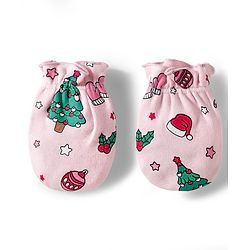 Babyhug 100% Cotton Mittens & Booties With Christmas Print - Pink