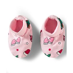 Babyhug 100% Cotton Mittens & Booties With Christmas Print - Pink