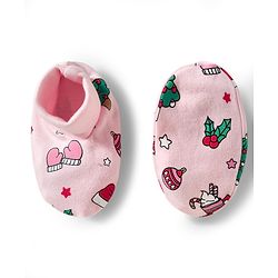 Babyhug 100% Cotton Mittens & Booties With Christmas Print - Pink