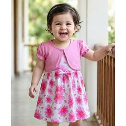 Babyhug Single Jersey Knit Half Sleeves Frock With Shrug With  Floral Print - Pink & White
