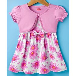 Babyhug Single Jersey Knit Half Sleeves Frock With Shrug With  Floral Print - Pink & White