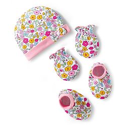 Babyhug 100% Cotton Interlock Knit Cap Mittens & Booties & Floral Print Pink - Diameter 13.75 cm