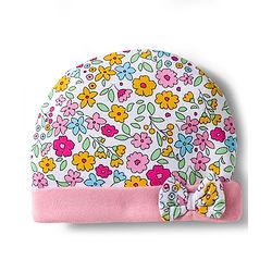Babyhug 100% Cotton Interlock Knit Cap Mittens & Booties & Floral Print Pink - Diameter 13.75 cm