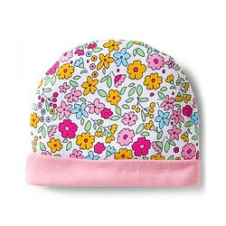 Babyhug 100% Cotton Interlock Knit Cap Mittens & Booties & Floral Print Pink - Diameter 13.75 cm