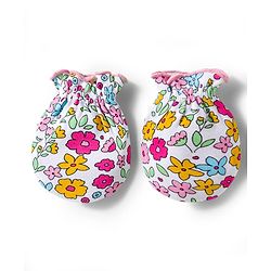 Babyhug 100% Cotton Interlock Knit Cap Mittens & Booties & Floral Print Pink - Diameter 13.75 cm