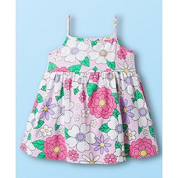 Babyhug Single Jersey Knit Frock & Half Sleeves Shrug With Floral Print - White & Pink