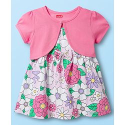 Babyhug Single Jersey Knit Frock & Half Sleeves Shrug With Floral Print - White & Pink