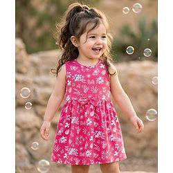 Babyhug Single Jersey Knit Sleeves Floral Printed Frock with Bow Applique - Pink