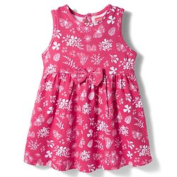 Babyhug Single Jersey Knit Sleeves Floral Printed Frock with Bow Applique - Pink