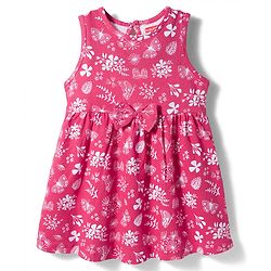 Babyhug Single Jersey Knit Sleeves Floral Printed Frock with Bow Applique - Pink