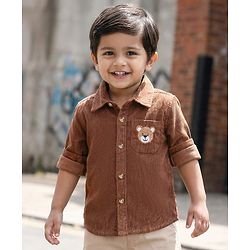 Babyhug  Cotton Woven Full Sleeve Solid Colour Corduroy Shirt with Bear Embroidery - Brown