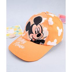 Babyhug Disney Cotton Woven Summer Cap With Mickey Mouse Graphics Yellow - Diameter 17 cm