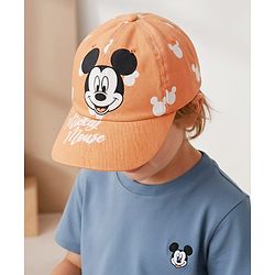 Babyhug Disney Cotton Woven Summer Cap With Mickey Mouse Graphics Yellow - Diameter 17 cm