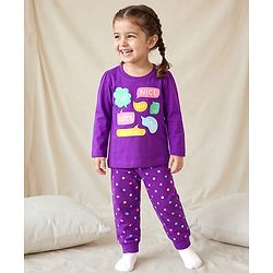 Babyhug Knit Full Sleeves Night Suit With Text Print - Purple