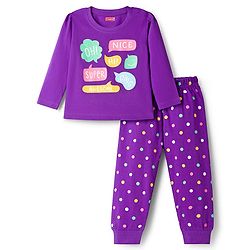 Babyhug Knit Full Sleeves Night Suit With Text Print - Purple