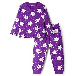 Babyhug Knit Full Sleeves Co-ords Night Suit With Star Print - Purple