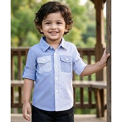 Babyhug Cotton Woven Full  Sleeve Cut & Sew Two-Tone Solid & Striped Shirt - Blue