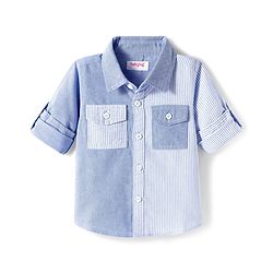 Babyhug Cotton Woven Full  Sleeve Cut & Sew Two-Tone Solid & Striped Shirt - Blue