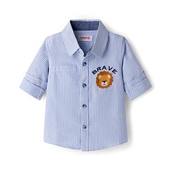 Babyhug Cotton Woven Full Sleeves Striped Shirt With Lion Patch - Blue