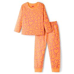Babyhug Knit Full Sleeves Co-ords Night Suit With Heart Print - Orange