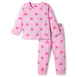 Babyhug Knit Full Sleeves Co-ords Night Suit With Heart Print - Light Pink