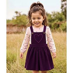 Babyhug Cotton Woven Frock with Full Sleeves Tee & Heart Print - Purple