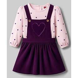 Babyhug Cotton Woven Frock with Full Sleeves Tee & Heart Print - Purple