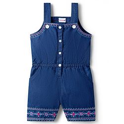 Babyhug Woven Sleeveless Denim Jumpsuit With Floral Embroidery - Navy Blue