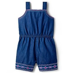 Babyhug Woven Sleeveless Denim Jumpsuit With Floral Embroidery - Navy Blue