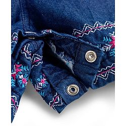 Babyhug Woven Sleeveless Denim Jumpsuit With Floral Embroidery - Navy Blue