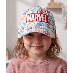 Babyhug Marvel Cotton Woven Summer Cap with Avengers Graphic White - Diameter 19 cm