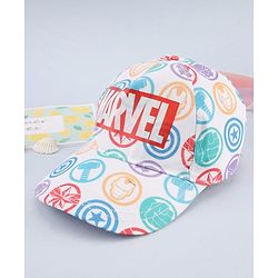 Babyhug Marvel Cotton Woven Summer Cap with Avengers Graphic White - Diameter 19 cm