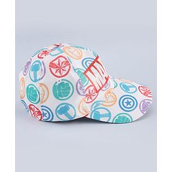 Babyhug Marvel Cotton Woven Summer Cap with Avengers Graphic White - Diameter 19 cm