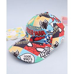 Babyhug Marvel Cotton Woven Summer Cap With Spider-Man Print Multicolor - Diameter 12 cm