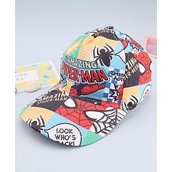 Babyhug Marvel Cotton Woven Summer Cap With Spider-Man Print Multicolor - Diameter 13 cm