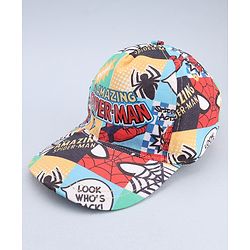 Babyhug Marvel Cotton Woven Summer Cap With Spider-Man Print Multicolor - Diameter 13 cm