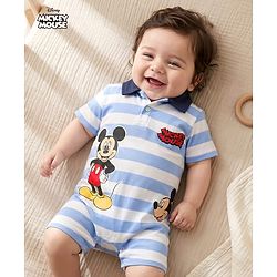Babyhug Disney 100% Cotton Knit Half Sleeves Romper With Mickey Mouse Graphic & Collar Detailing - Multicolour