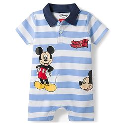 Babyhug Disney 100% Cotton Knit Half Sleeves Romper With Mickey Mouse Graphic & Collar Detailing - Multicolour