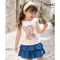 Babyhug Disney Single Jersey Knit Frill Sleeves Top & Skirt Set with Bambi Graphic - Navy Blue & White