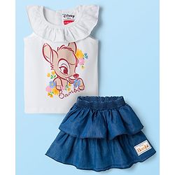 Babyhug Disney Single Jersey Knit Frill Sleeves Top & Skirt Set with Bambi Graphic - Navy Blue & White